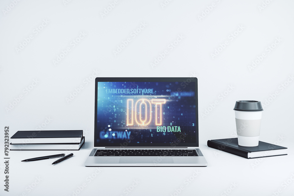 Poster Creative IOT illustration on modern computer monitor, future technology concept. 3D Rendering