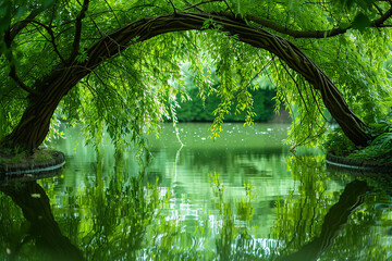 The graceful arch of a weeping willow's branches touching the surface of a tranquil pond. 32k, full ultra hd, high resolution
