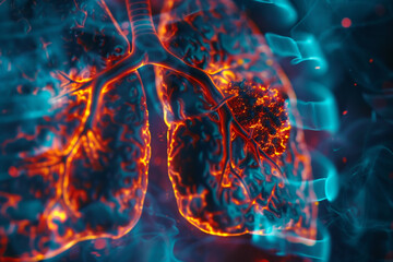 Closeup on a high tech medical scan of a smokers lung with areas affected by cancer glowing in ominous colors 