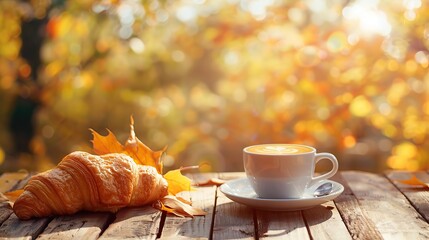 A cup of coffee and croissant on a wooden table with an autumn blurred background with a place for text. copy space for text.