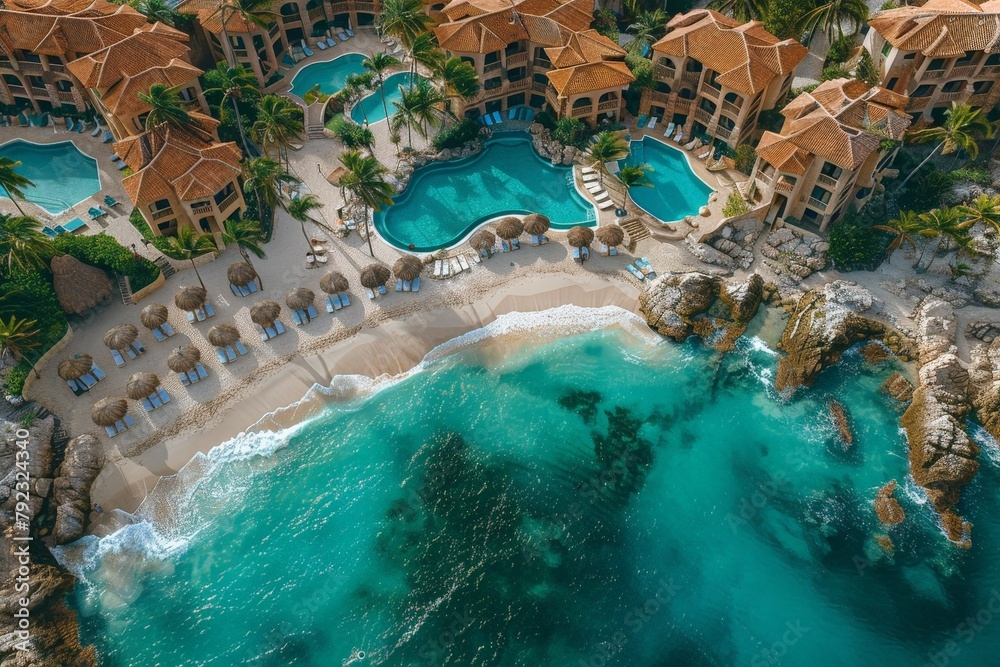 Canvas Prints A panoramic view of the resort's pool and beach, with palm trees in the background.