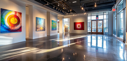 The interior of a modern art gallery with abstract paintings, capturing the interplay of light and...