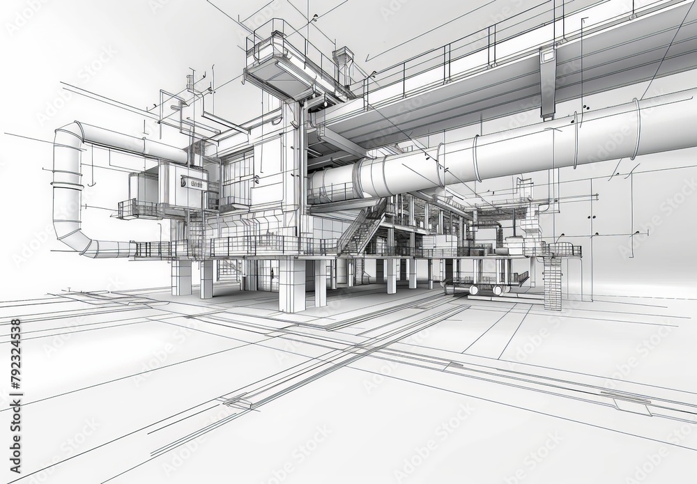 Poster Industrial building wireframe rendering with architectural and construction details