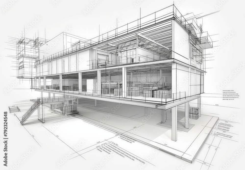 Poster Industrial building wireframe rendering with architectural and construction details