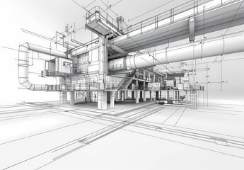 Obraz premium Industrial building wireframe rendering with architectural and construction details