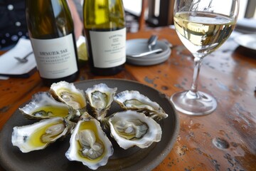 Fresh Tasmanian oysters and white wine from Burny island Australia
