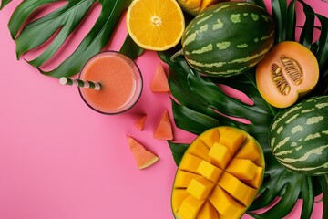 Fresh tropical fruits on a leaf with smoothies on pink background text space