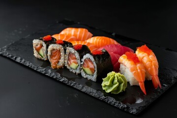Freshly made Sushi and Sashimi on black stone slate Includes salmon prawns wasabi and ginger Traditional Japanese food