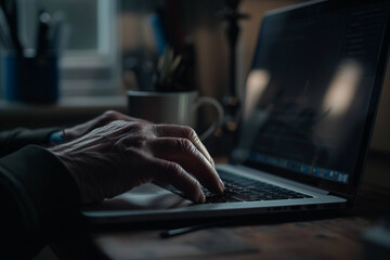 Close-up on hands typing on a laptop with a cozy home office background, coffee cup in the frame