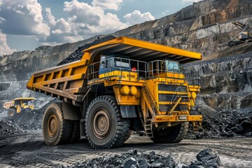 Giant yellow quarry truck loading coal at site for mineral production Transporting coal with mining machinery