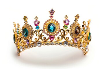 Gold crown adorned with jewels on white background