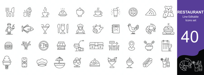 flat vector Restaurant Line Editable Icons set in modern thin line style of public catering related icons: menu categories, table reservations, food and drinks Shrimp Fish Pizza Burger