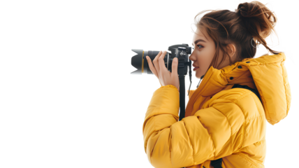 A positive girl in a yellow jacket photographer taking a picture isolated on a transparent background