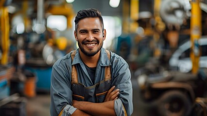 Happy male auto mechanic in uniform at car repair shop. Concept Car Repair, Mechanic Uniform, Auto Shop, Happy, Male Auto Mechanic - obrazy, fototapety, plakaty