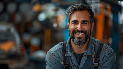 Smiling male auto mechanic in uniform at car repair shop. Concept Outdoor Photoshoot, Automotive Industry, Male Portraits, Uniform Photography, Car Repair Shop - obrazy, fototapety, plakaty