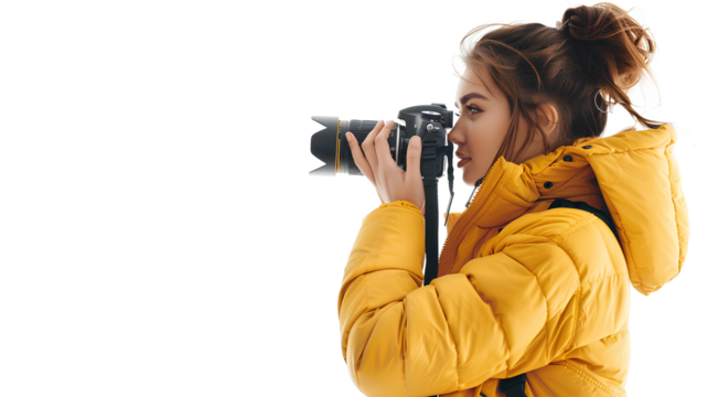 A positive girl in a yellow jacket photographer taking a picture isolated on a transparent background