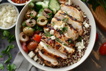Greek lunch bowl with chicken quinoa feta olives aerial shot