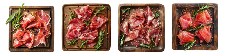 Prosciutto on wooden plate cutout clipping path png isolated on white or transparent background