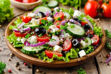 Greek salad with fresh vegetables and feta cheese on wooden background Healthy eating concept