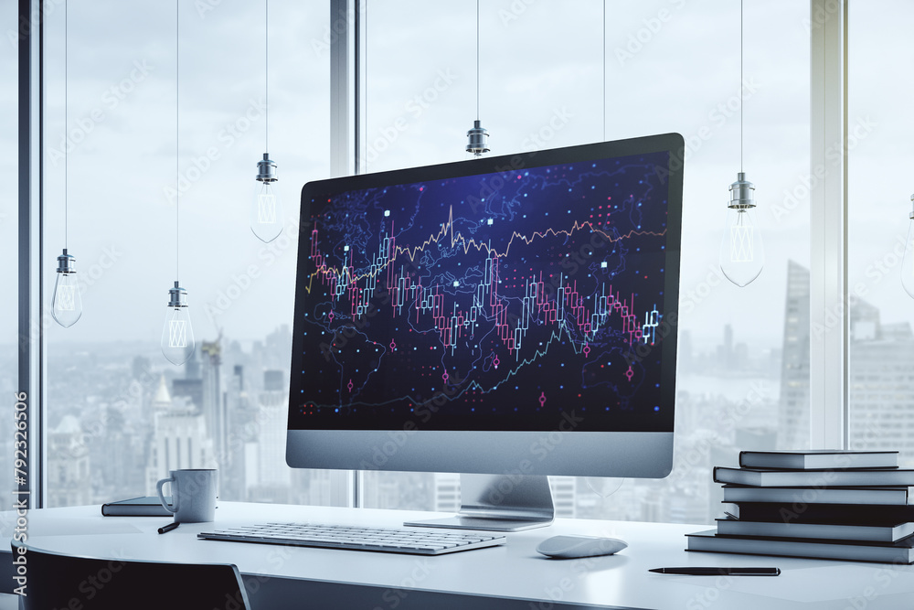 Poster modern computer display with abstract financial graph, financial and trading concept. 3d rendering