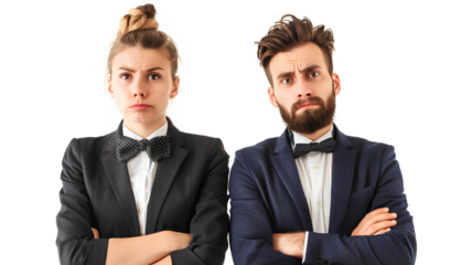 The funny sad businessman and woman conflicting isolated on a transparent background