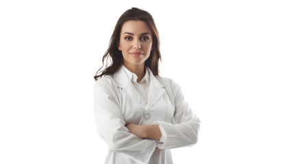 A woman in a white coat standing isolated on a transparent background