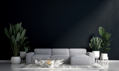 The interior design concept of modern decor living room and black concrete texture wall background...