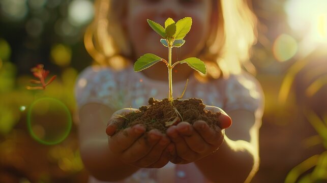 A close-up image of a young girl holding a small plant in her hands with dirt on its roots. The girl is smiling down at the plant.