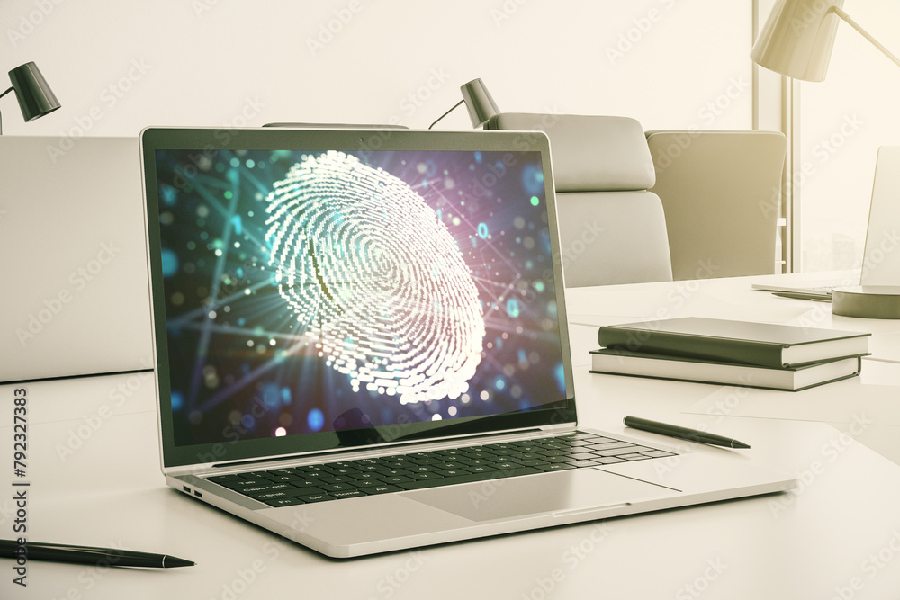 Leinwandbilder Modern computer display with abstract graphic fingerprint sketch, fingerprint scan data concept. 3D Rendering