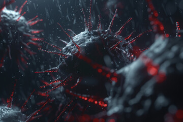 Close-up view on a 3D rendered malware, with a dark, threatening atmosphere 