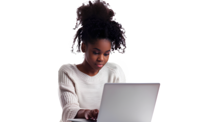 A young black female working on laptop computer isolated on transparent background