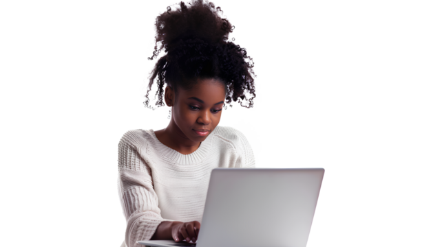 A young black female working on laptop computer isolated on transparent background