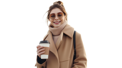 A young woman in a coat holding a coffee isolated on a transparent background