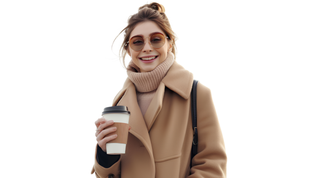 A young woman in a coat holding a coffee isolated on a transparent background - Powered by Adobe