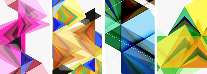 A creative arts piece with a pattern of four different colored triangles magenta, electric blue, and tints and shades on a white background. The composition showcases symmetry and artistic flair