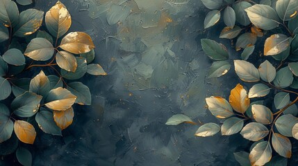The abstract background is surrounded by golden brushstrokes. Oil on canvas. Modern Art. Floral leaves, green, gray, wallpaper, poster, card, mural, carpet, hanging, print...... - obrazy, fototapety, plakaty