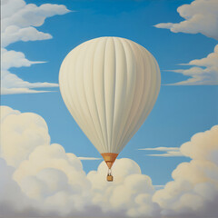 Fototapeta premium a nursery, story book illustration, painting of a hot air ballon in puffy clouds muted whites, blues, tans. social media post, art,
