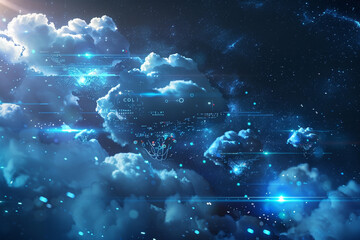 Cloud migration depicted as an epic space journey with data pods traveling between star systems of cloud platforms