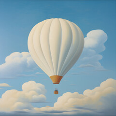 Fototapeta premium a nursery, story book illustration, painting of a hot air ballon in puffy clouds muted whites, blues, tans. social media post, art,