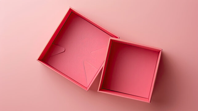 The square gift box opened in pink is placed on the light pink background, shot from a topdown Angle