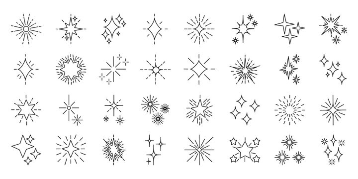 Line star glitter shine of doodle set. Sparkle, twinkle and starburst icons, vector bright spark symbols.