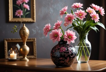 Interior adorned with elegant decorations, featuring a vase showcasing a stunning pink flower in full bloom