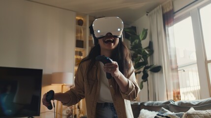 Woman wearing a virtual reality headset - obrazy, fototapety, plakaty