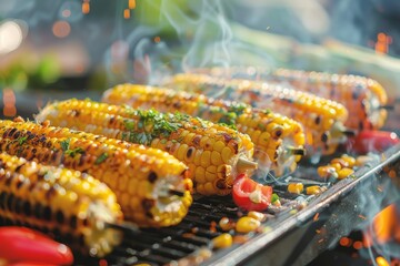 Grilled corn in close up view with vegetable background