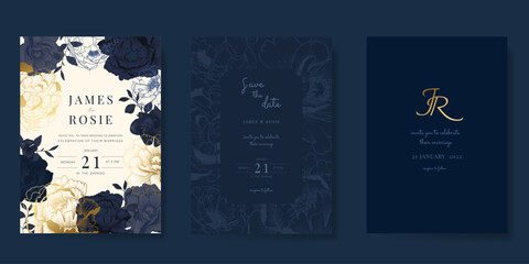 Navy Blue Luxury Wedding Invitation, floral invite thank you, rsvp modern card Design in gold flower with  leaf greenery  branches decorative Vector elegant rustic template - 792330337