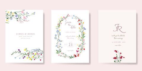 Minimal pink botanical Wedding Invitation, floral invite thank you, rsvp modern card Design in leaf and flower water color texture decorative Vector elegant rustic template - 792330345