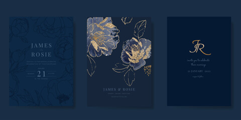 Navy Blue Luxury Wedding Invitation, floral invite thank you, rsvp modern card Design in gold flower with  leaf greenery  branches decorative Vector elegant rustic template - 792330385