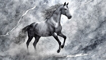 stylized horse silhouette on a gray marble background, with a geometric pattern overlay - obrazy, fototapety, plakaty
