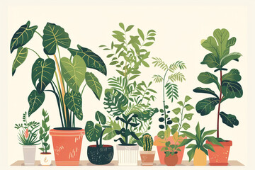 Collection of vector potted plants illustrating a lush indoor garden for a zero waste lifestyle