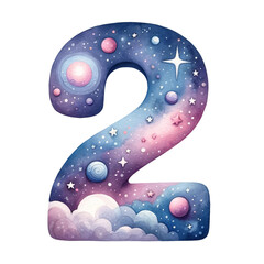 The number 2 is written in a colorful and artistic way, with stars
